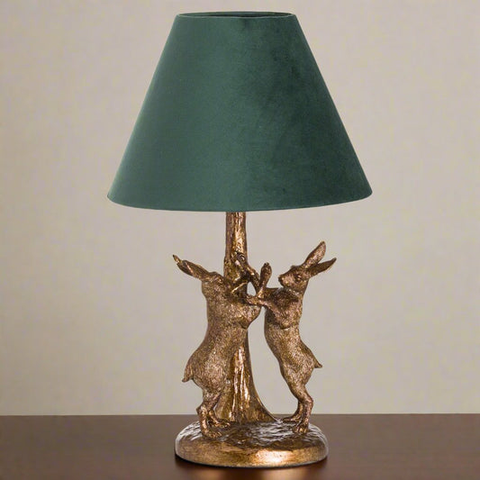 Antique Gold Marching Hares Lamp With Green Velvet Shade