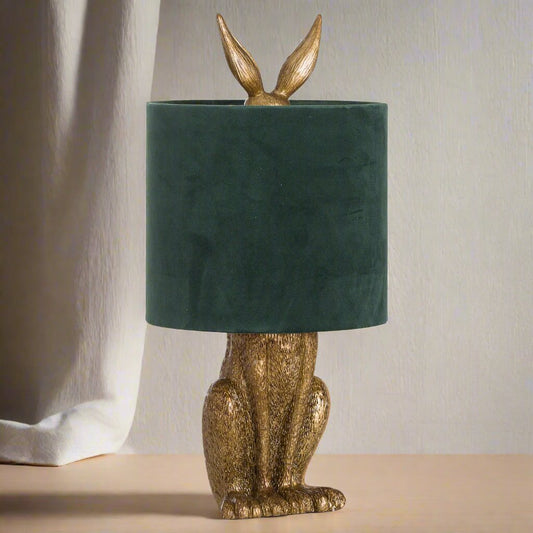 Antique Gold Hare Table Lamp With Green Velvet Shade