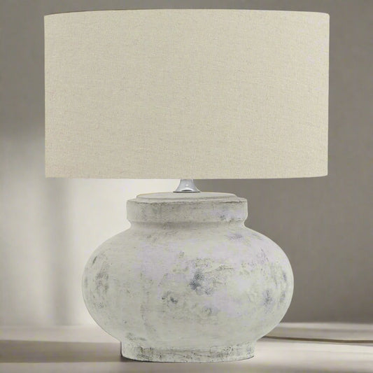 Darcy Antique White Squat Table Lamp With Linen Shade