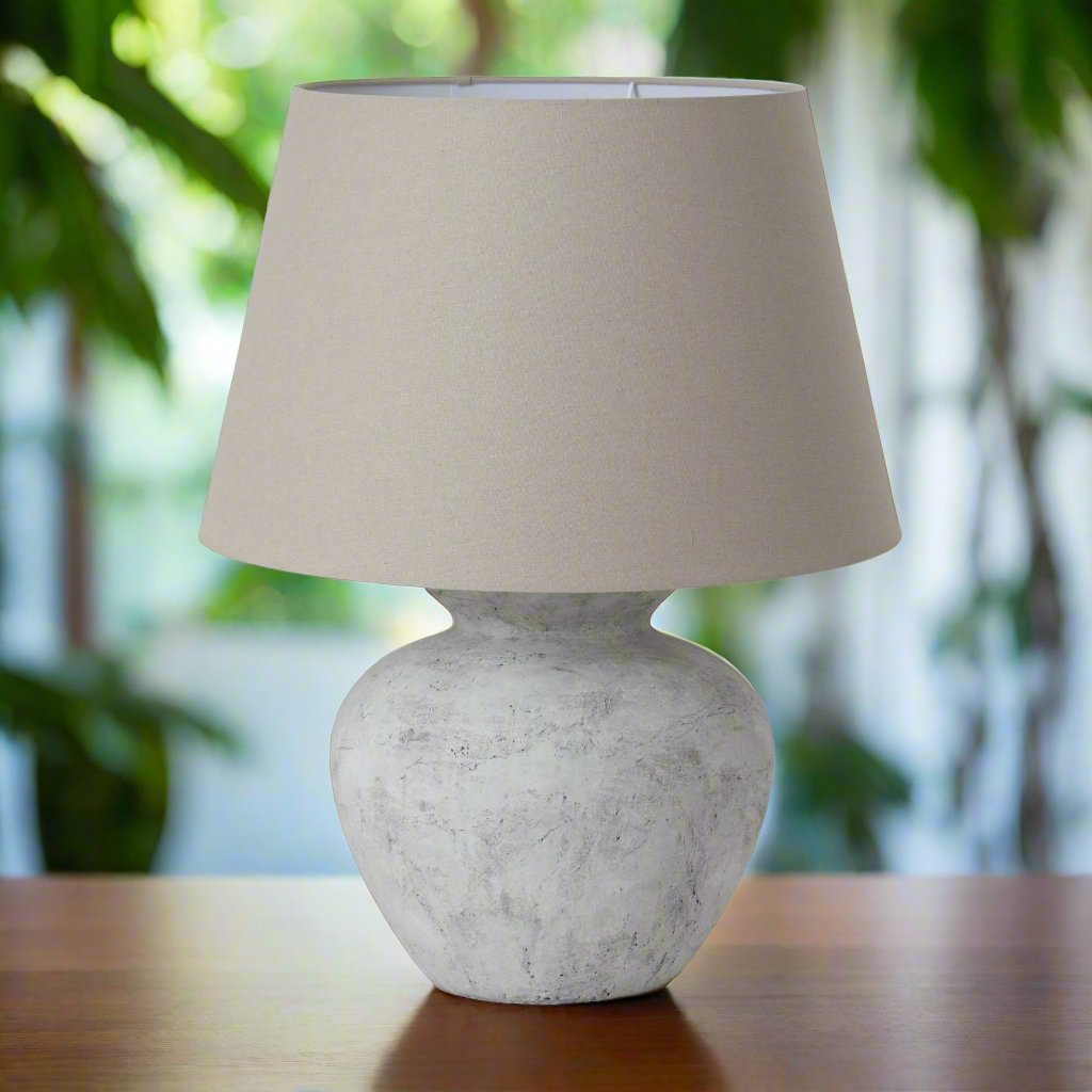 Darcy Antique White Round Table Lamp With Linen Shade