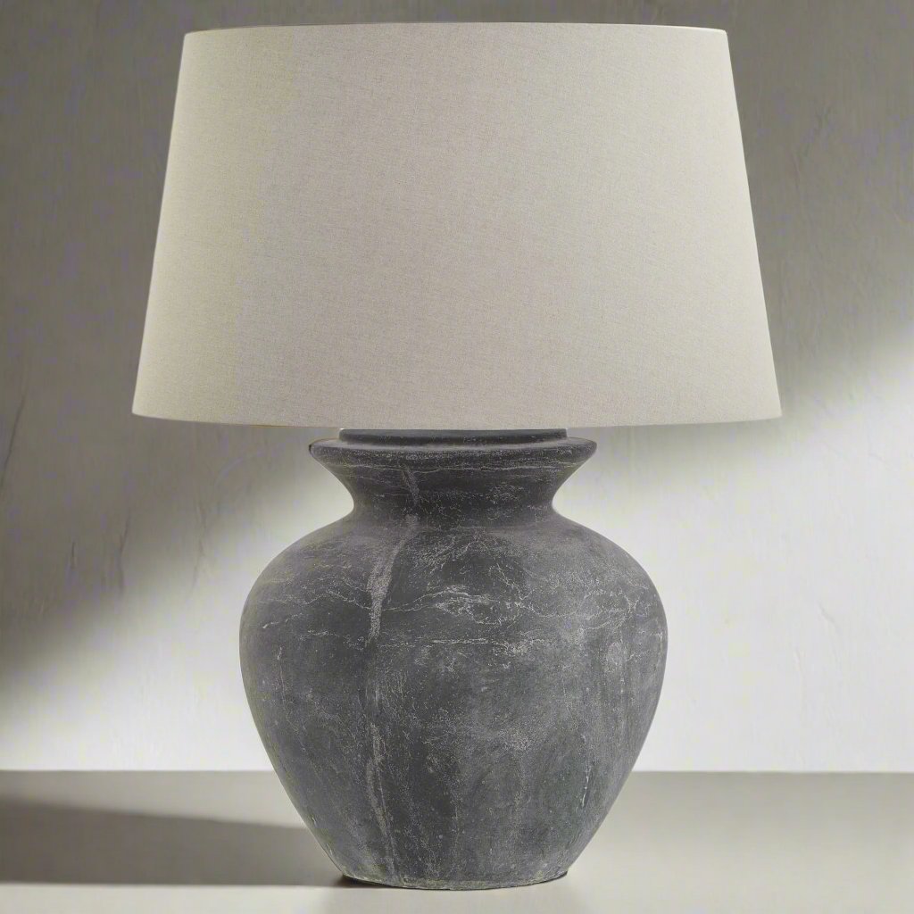 Amalfi Grey Round Table Lamp With Linen Shade