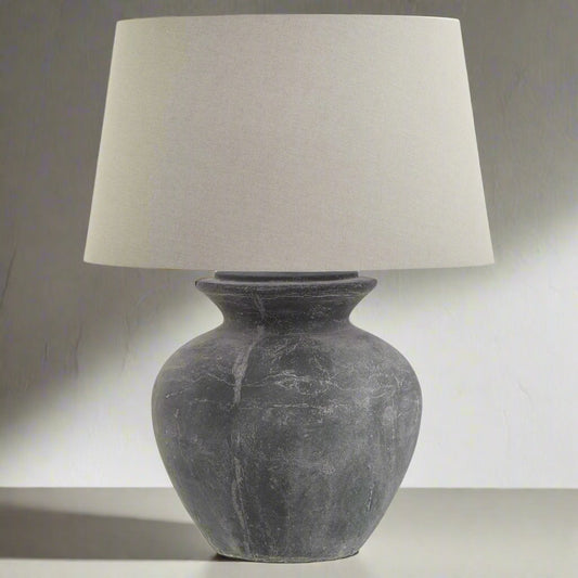 Amalfi Grey Round Table Lamp With Linen Shade