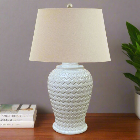 Woven Ceramic Table Lamp With Linen Shade