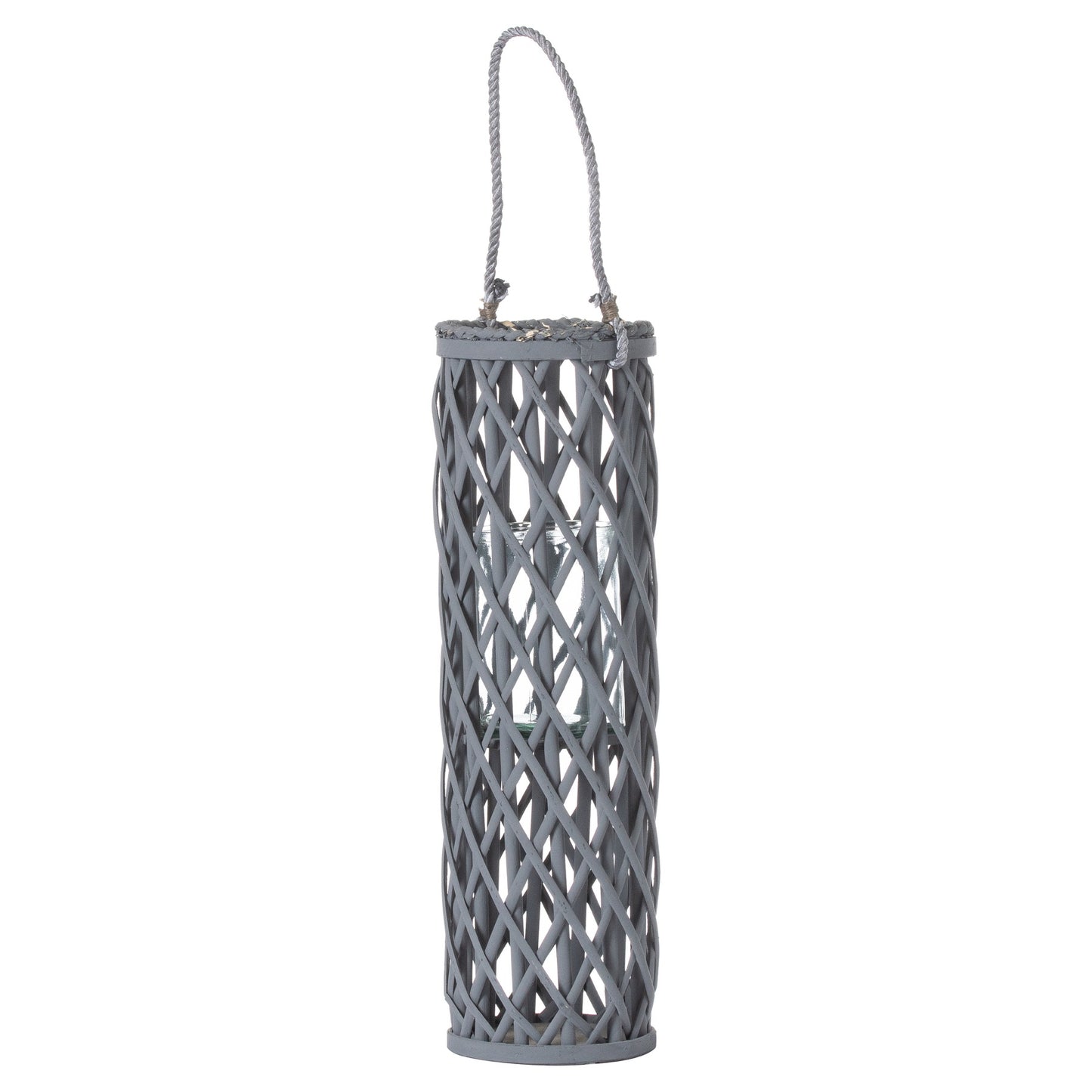 Medium Grey Wicker Lantern With Glass Hurricane