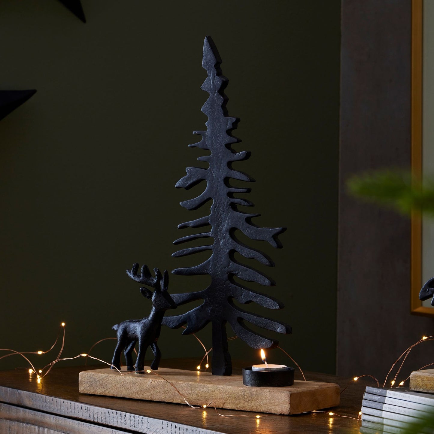 Large Cast Tree And Stag Black Candle Holder Ornament