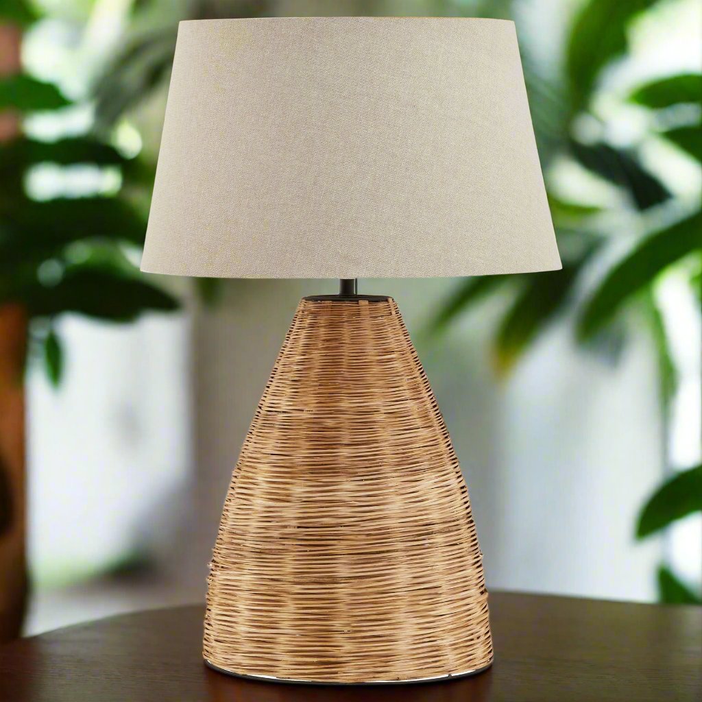 Conical Wicker Table Lamp With Linen Shade